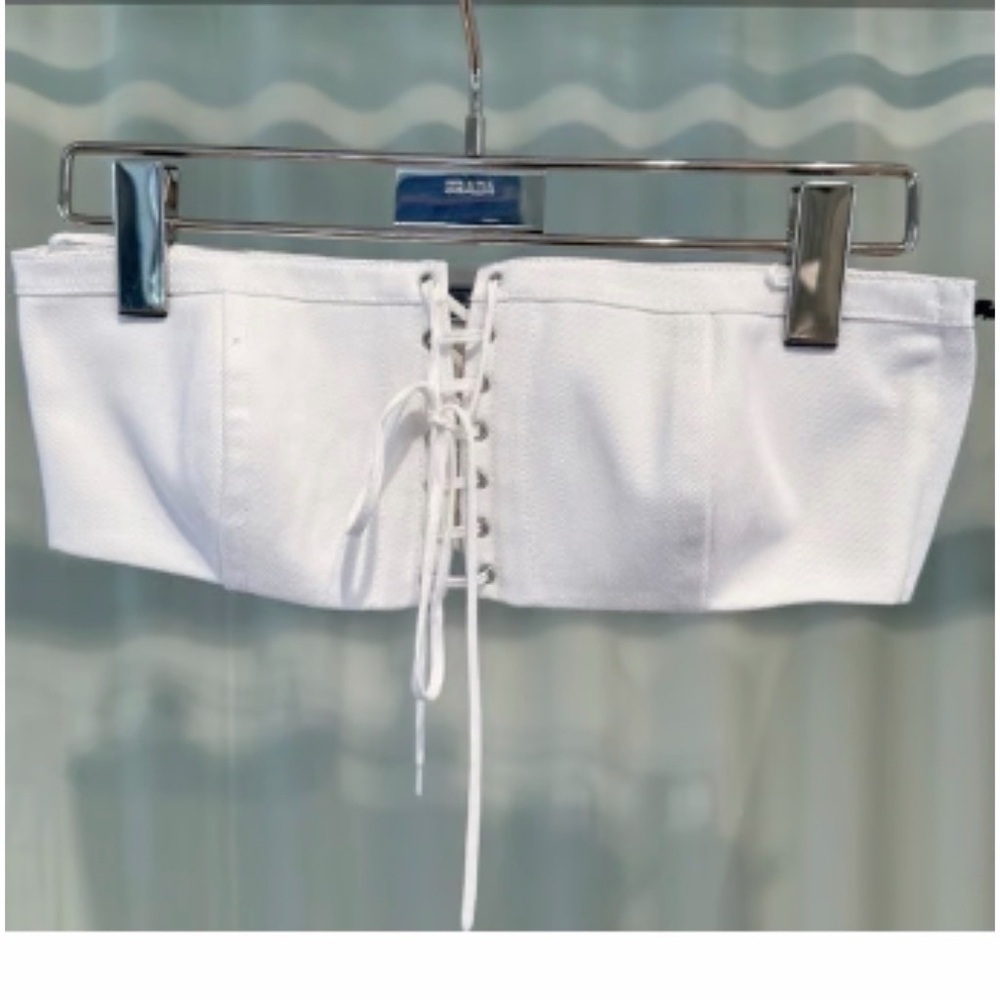 PRADA triangle White Bustier Crop Top and skirt 
 White Lace-Up Bandeau